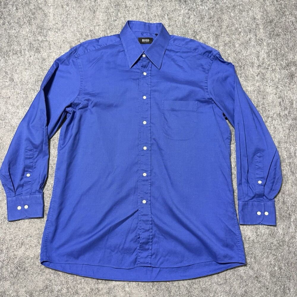 Vtg Hugo Boss Black Label Shirt Men’s 16 Royal Blue Oxford Long Sleeve 1990s